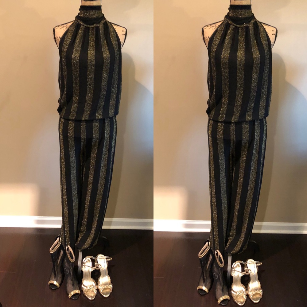 Black And Gold Metallic Stripe Jumpsuit